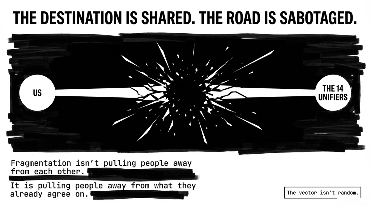 The destination is shared — the road is sabotaged